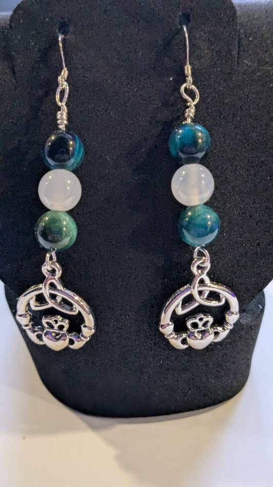 Gemstone Bead Earrings with Silver Claddagh Charms