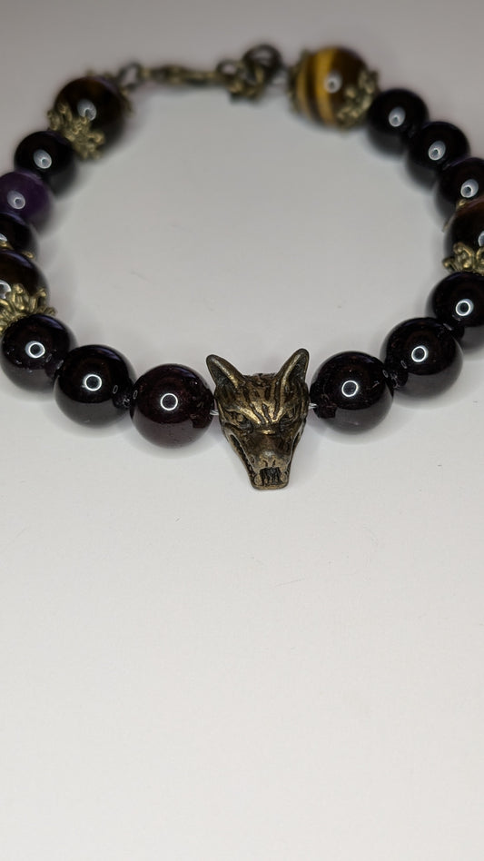 Tiger Eye and Garnet Beaded Bracelet with Wolf Head Focal